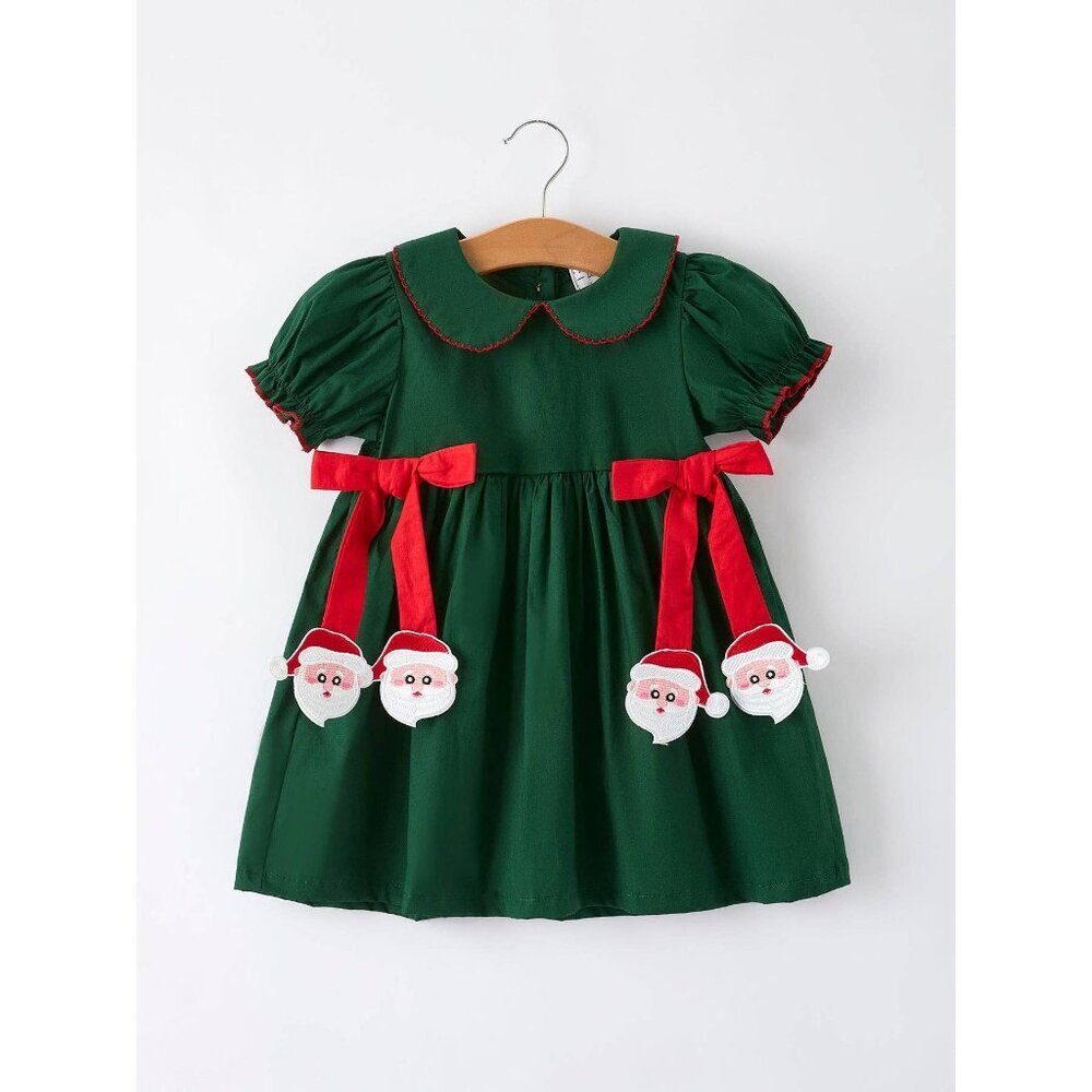 Girls Holiday Outfit – Santa Bow Green Christmas Dress